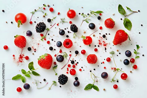 A vibrant arrangement of assorted berries and herbs on a white surface.