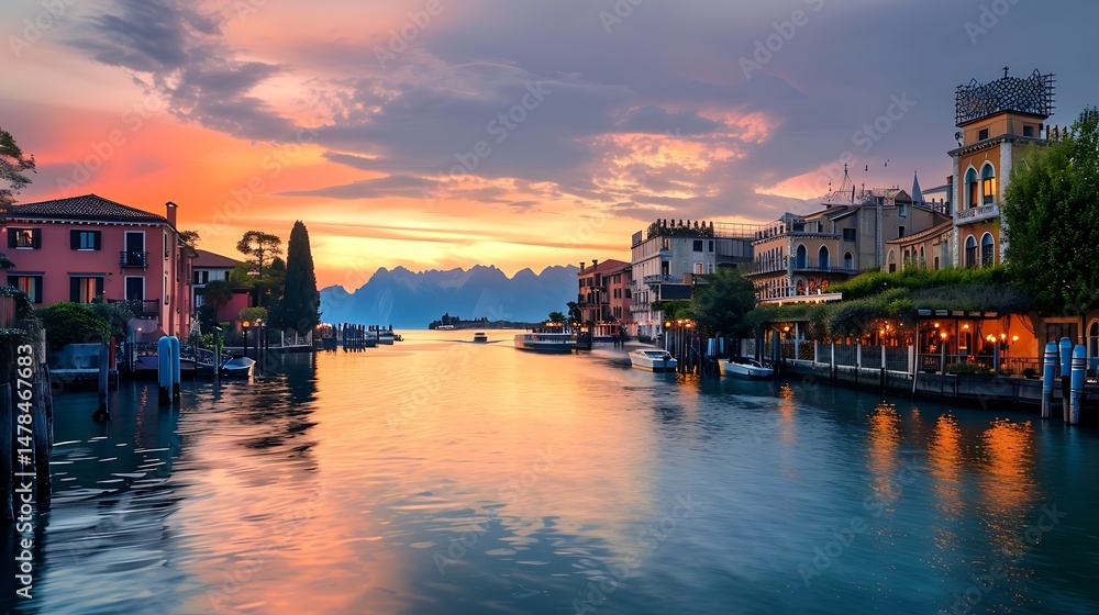 Fototapeta premium Sunset Over City Canal Revealing Buildings And Colorful Sky With Orange Red And Purple Hues