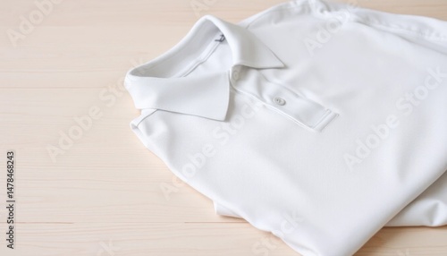 Crisp white polo shirt elegantly folded on a textured, pale wooden surface creating minimalist fashion photography