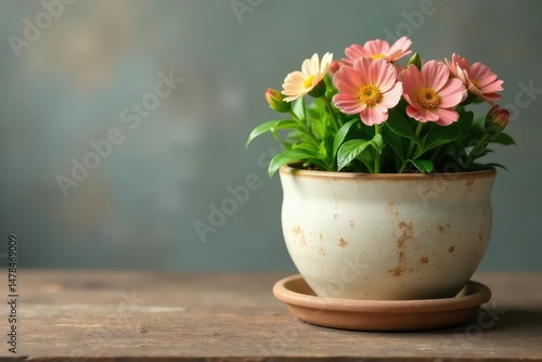 Wallpaper Mural A weathered ceramic flowerpot, light beige in color, sits on a rustic wooden surface , light, shadow Torontodigital.ca