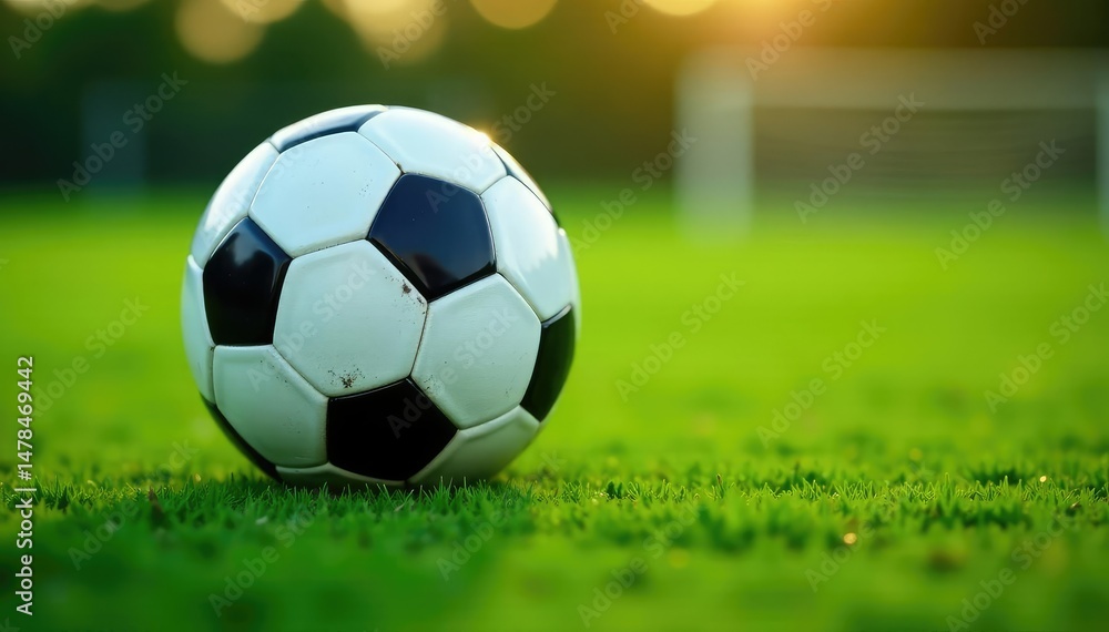 Fototapeta premium Brand new soccer ball on green field, ready for kickoff, pentagons, hexagons