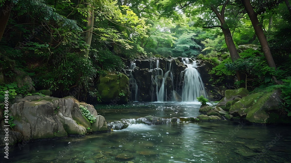 Tranquil Waterfall Flowing Into A Clear Pool Surrounded By Lush Greenery Sunlight Tranquil Waterfall Flowing Into A Clear Pool Surrounded By Lush Greenery Sunlight