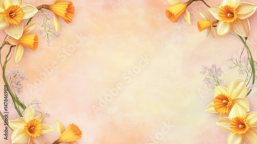 Elegant Floral Frame with Daffodils and Delicate Blossoms on a Soft Peach Background