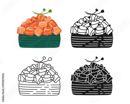 Gunkan maki Sushi with salmon symbol cartoon set. Traditional Asian Japanese food linear doodle icon. Sushi seafood vector illustration. Stylized doodle design sign for menu, cafe, bar, restaurant