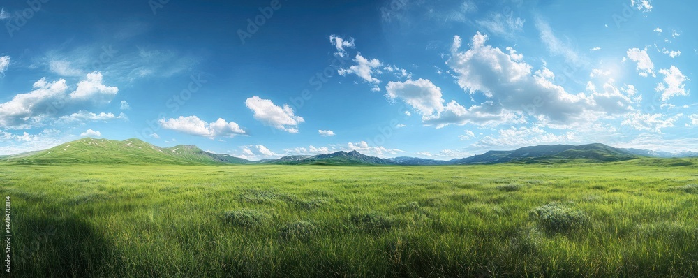 expansive grassland panorama beneath a vibrant sky with scattered clouds and distant mountain peaks expansive grassland panorama beneath a vibrant sky with scattered clouds and distant mountain peaks