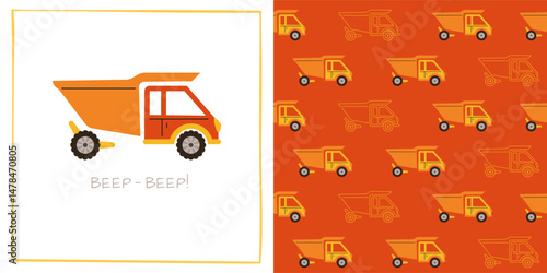 Car truck lorry cartoon seamless pattern. Hand drawn retro farmers truck automobile endless boundless background design. Simple funny auto transport comic repeat print wallpaper vector illustration