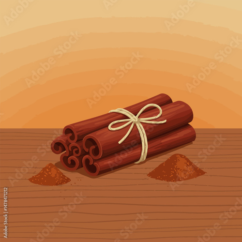 Cinnamon Sticks Tied with String with Ground Spice on Table