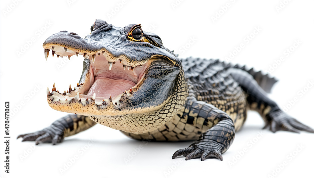 Obraz premium Alligator with Mouth Open on White Background