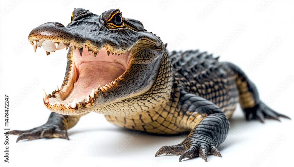 Fototapeta premium Alligator with Mouth Open on White Background
