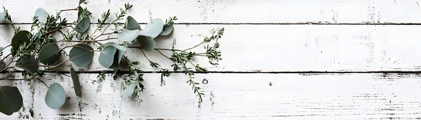 Delicate eucalyptus sprigs on weathered white wood planks.