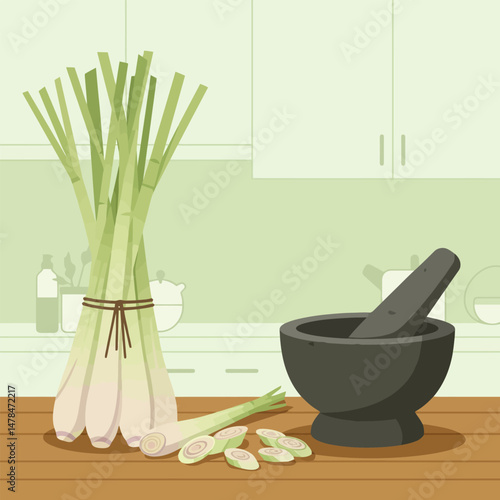 Preparing Lemongrass with Mortar and Pestle in a Home Kitchen