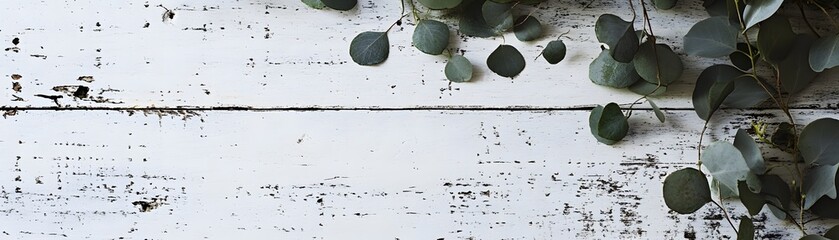 Gray eucalyptus leaves on a distressed white wooden surface.