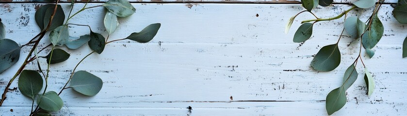 Light gray eucalyptus branches on a distressed white board.