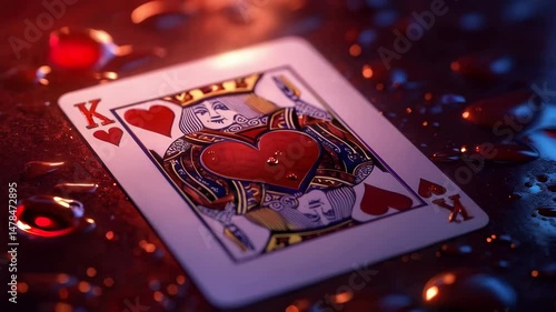 Beautiful Card Design Featuring the King of Hearts Resting on a Wet Surface With Raindrops and Scattered Colorful Liquids. Generative AI