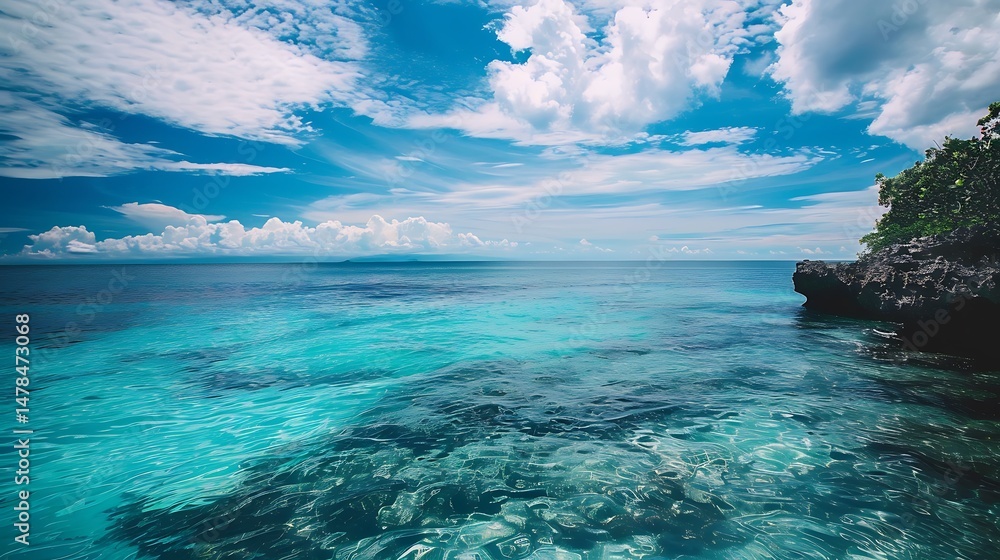 Fototapeta premium Vibrant Blue Ocean Water Under Cloudy Sky Horizon And Green Vegetation