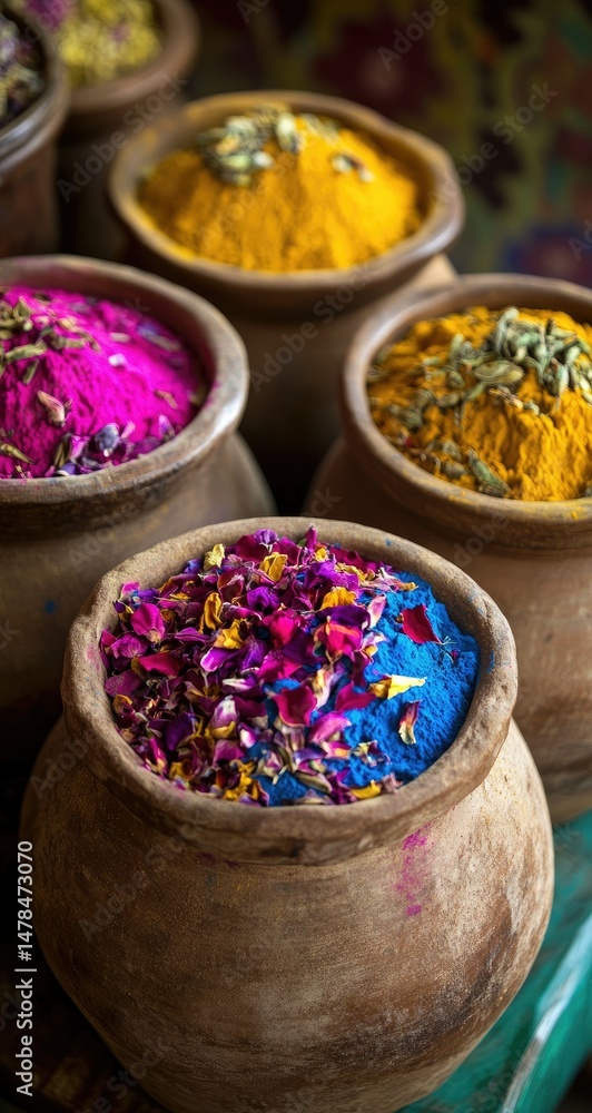 Fototapeta premium Colorful Spices with Market, and Clay Pots.