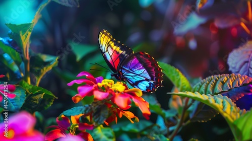 Vibrant Butterfly Resting On Colorful Flower Blossom In Green Garden Setting