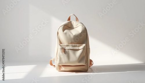 Minimalist light beige backpack on a bright white surface showcasing simplicity and modern design aesthetics, creating a clean and professional image