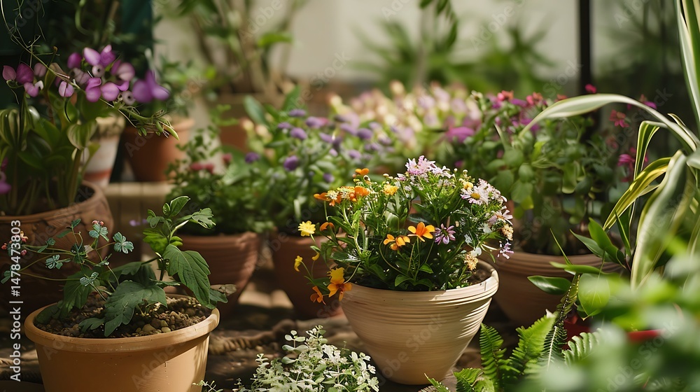Vibrant Flowers in Terra Cotta Pots on a Wooden Table with Green Foliage Vibrant Flowers in Terra Cotta Pots on a Wooden Table with Green Foliage