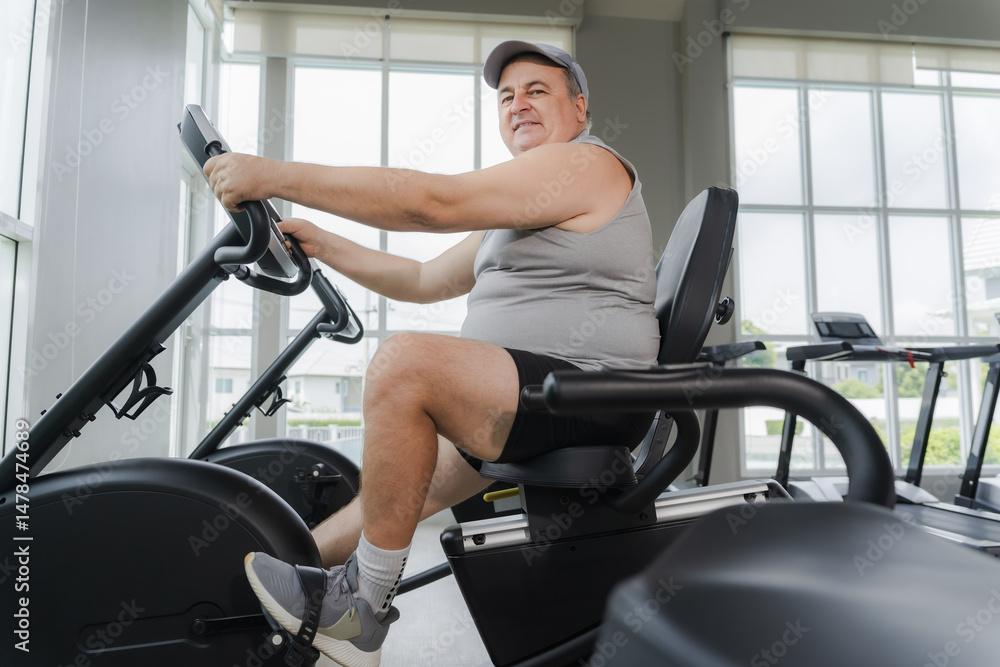 Fototapeta premium A middle-aged, overweight man uses a bicycle to exercise at the gym.