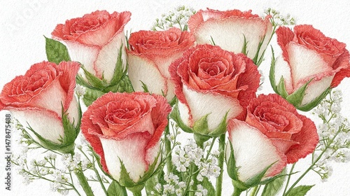 Romantic Pink   Coral Rose Bouquet  Watercolor Painting  Wedding Floral Art