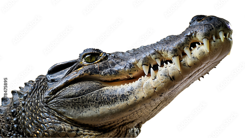 Obraz premium Majestic Crocodile Portrait Against white Background Wildlife Photography Reptile Nature Closeup