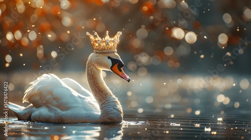 Fototapeta Naklejka Na Ścianę i Meble -  A majestic white swan wearing a delicate golden crown  