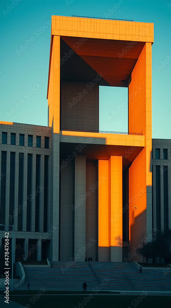 Obraz premium A monumental brutalist government building from the late 1970s, designed with massive cantilevered concrete volumes and sculptural voids, rising against a clear sky. created by generative ai