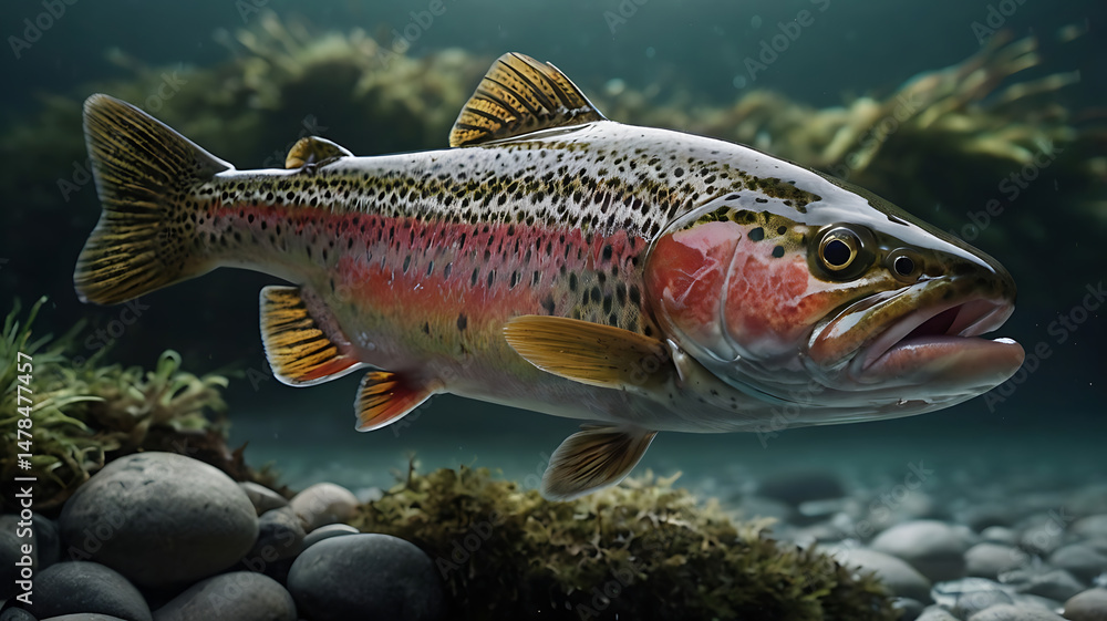 Stunning underwater view of a vibrant rainbow trout swimming gracefully in a clear stream Stunning underwater view of a vibrant rainbow trout swimming gracefully in a clear stream
