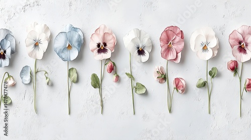 Pastel Pansies Floral Row  Spring Blossoms  Soft Colors  Pretty Flowers  Botanical Design