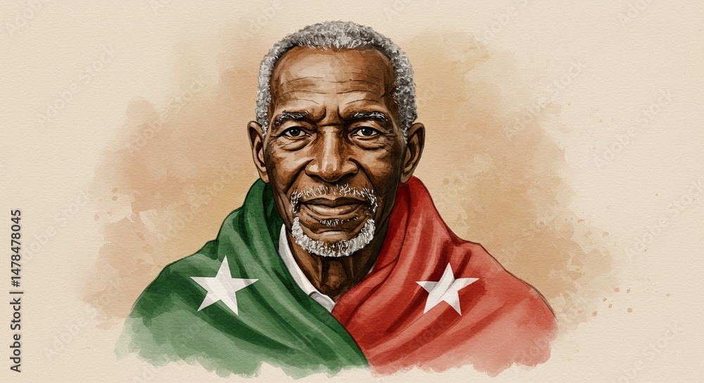 Naklejka premium watercolor portrait showcases an older african american man with gray hair and beard, draped in dual red green flags bearing single white stars against, juneteenth mood