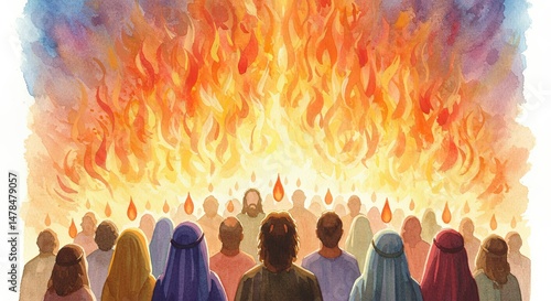 Watercolor artwork depicts a group of people looking upwards at vibrant display fiery light with small flame-shaped droplets falling towards them.religion mood