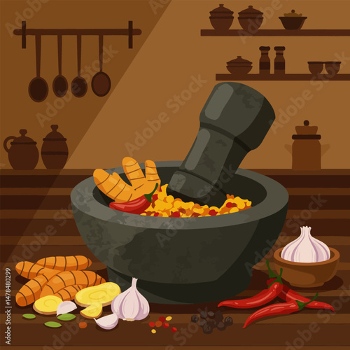 Mortar and Pestle Grinding Spices with Turmeric and Garlic