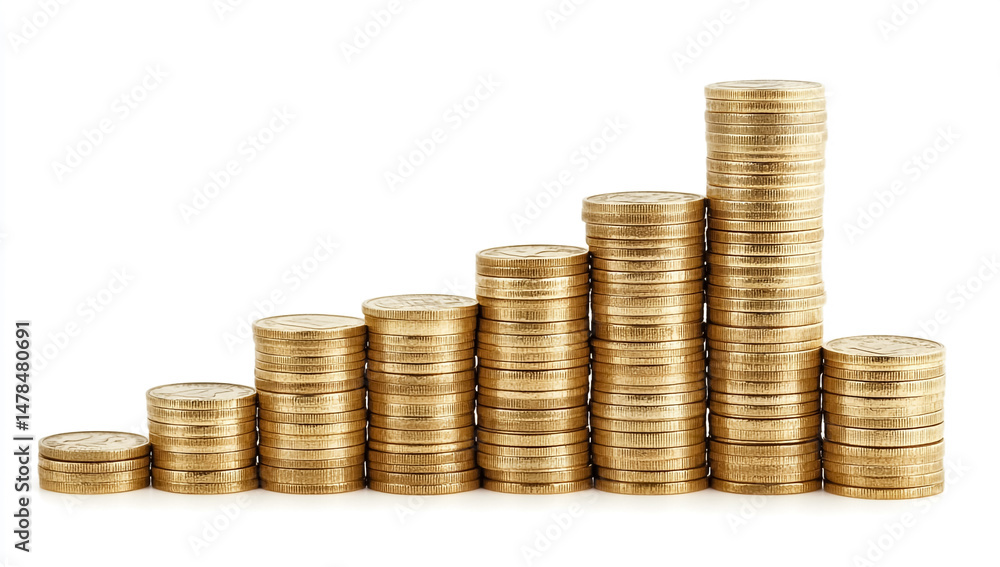 Rising Gold Coin Stack Graph on White Background Rising Gold Coin Stack Graph on White Background