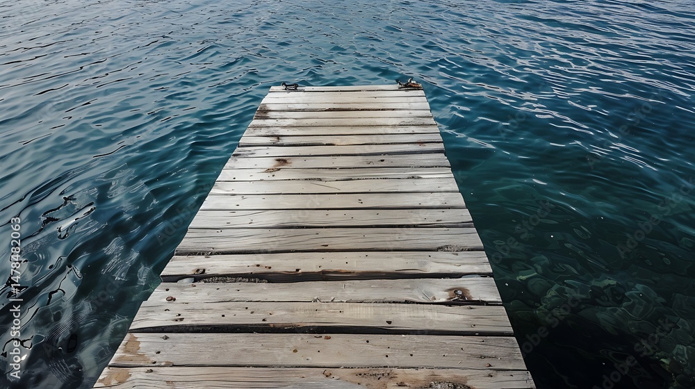 Fototapeta premium Wooden Pier Extending Over Calm Blue Water Under Sunny Skies