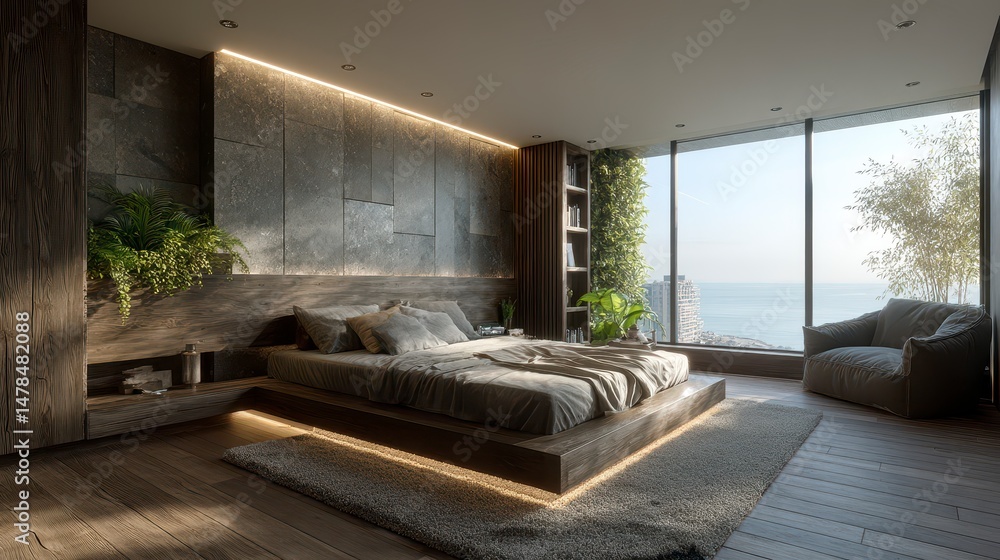 Naklejka premium Serene Coastal Bedroom Modern Minimalist Design Ocean View Luxury Interior