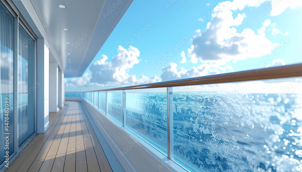 Fototapeta premium Luxury Balcony View: A captivating balcony on a cruise ship offers breathtaking views of a vibrant blue ocean under a clear, cloud-dusted sky. The deck evokes tranquility and freedom.