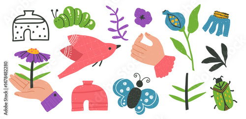 Isolated clip arts on white background, a set of folk naive bold insects, butterflies, birds, flowers, vases and hands in a cheerful, bright hand-drawn vector art