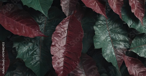 Deep emerald & burgundy leaves, intricate vein detail, high contrast , pattern, jungle