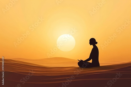 Wallpaper Mural Silhouette of Person Meditating on Sand Dunes at Vibrant Orange Sunrise with Golden Light Spiritual Atmosphere Peaceful Scene and Contemplative Mood Torontodigital.ca