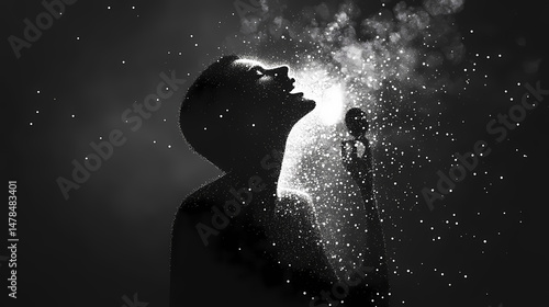 Singer from particles. the silhouette of the singer consists of dots and circles. vector illustration. [Dust Opera] | Smoke Cantata | ethereal chorus. Illustration