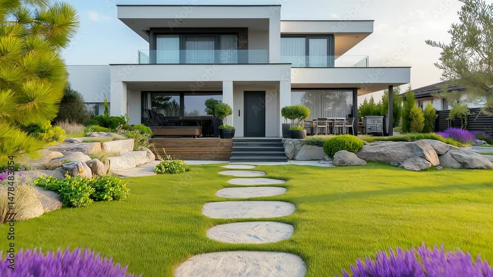 Modern elegant house with sleek contemporary design and beautiful garden Modern elegant house with sleek contemporary design and beautiful garden
