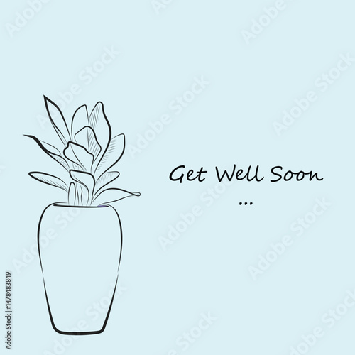 Minimalist Get Well Soon Card with Potted Plant – Line Art Illustration