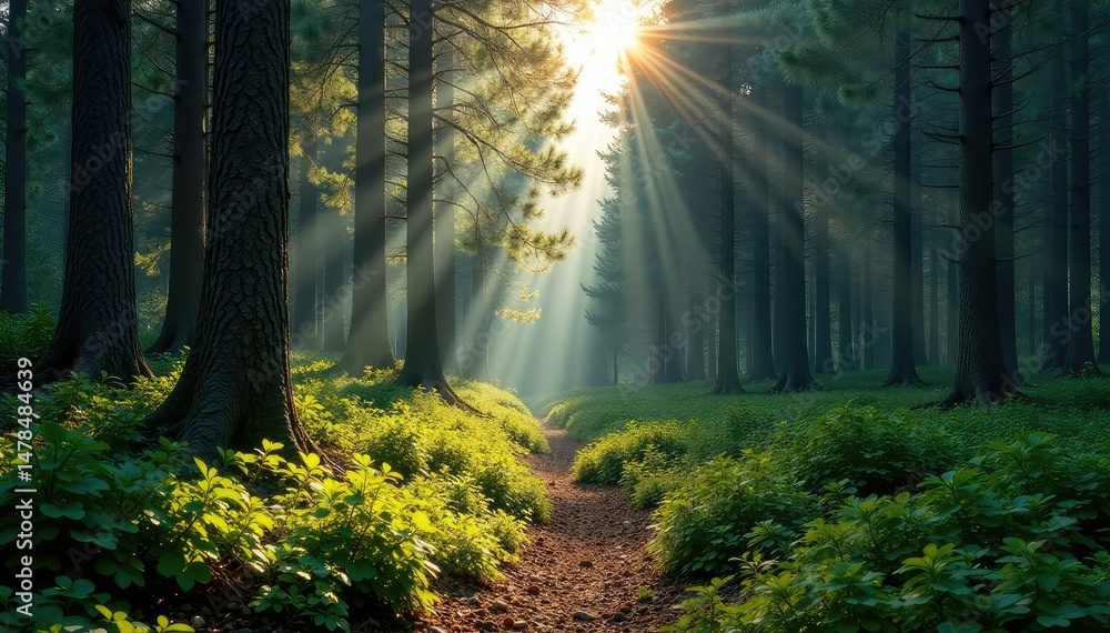 Obraz premium Dense coniferous forest, sun-dappled undergrowth, cedar, needles, wild