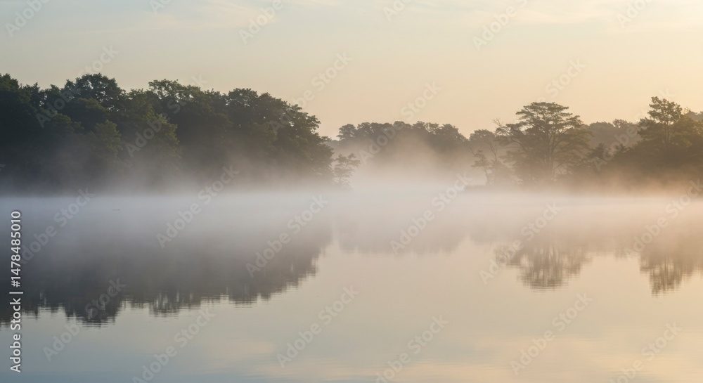 Fototapeta premium Misty morning over a calm lake, with trees on the shore