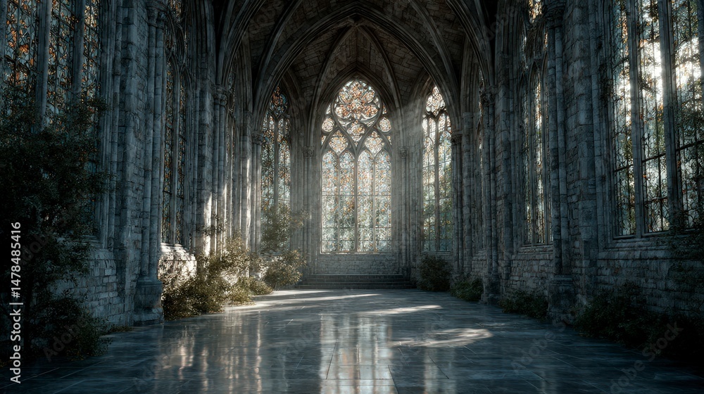 Naklejka premium Gothic Cathedral Interior Sunlit Stained Glass Stone Architecture Ruins Plants