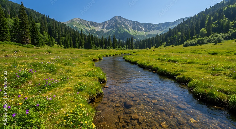 Fototapeta premium Emerald Stream's Noontide Embrace