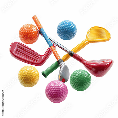 Colorful Mini Golf Clubs and Balls Suspended in