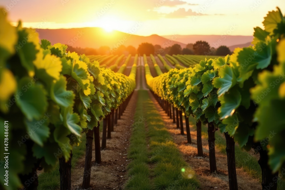 Fototapeta premium Golden hour sunlight bathes rows of lush California grapes, ready for harvest Vineyard landscape, agricultural scene , crop, scenery