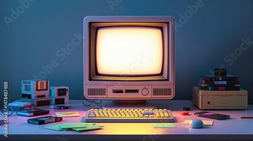 Retro computer setup with a CRT monitor on a desk, surrounded by plants and office items, against a pink background. Nostalgic 80s/90s tech workspace.